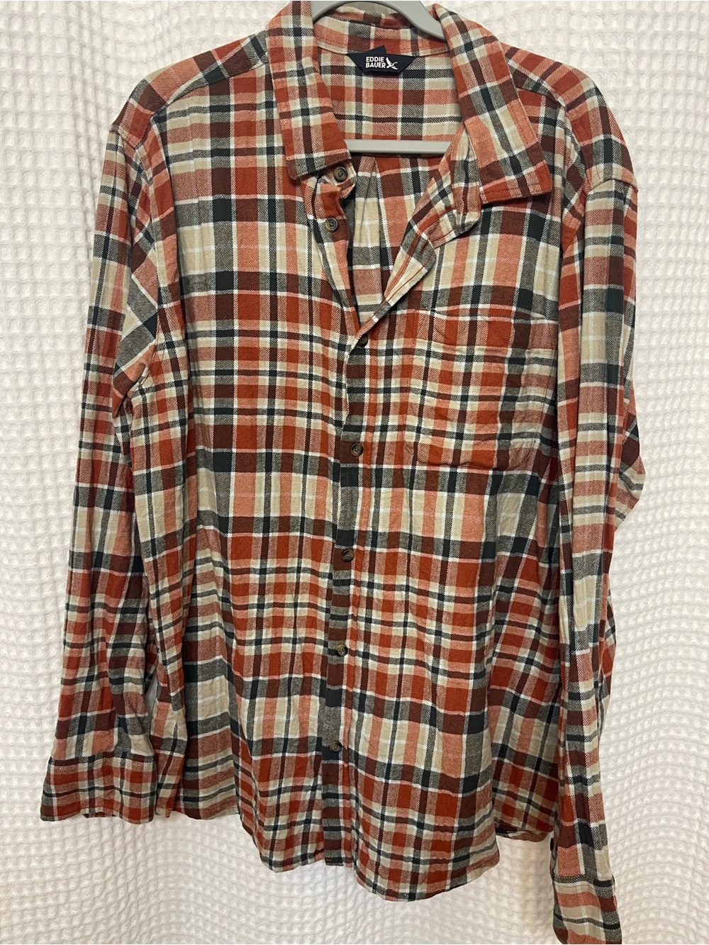 Eddie Bauer Men's Rust and Cream Plaid Button-Down Shirt